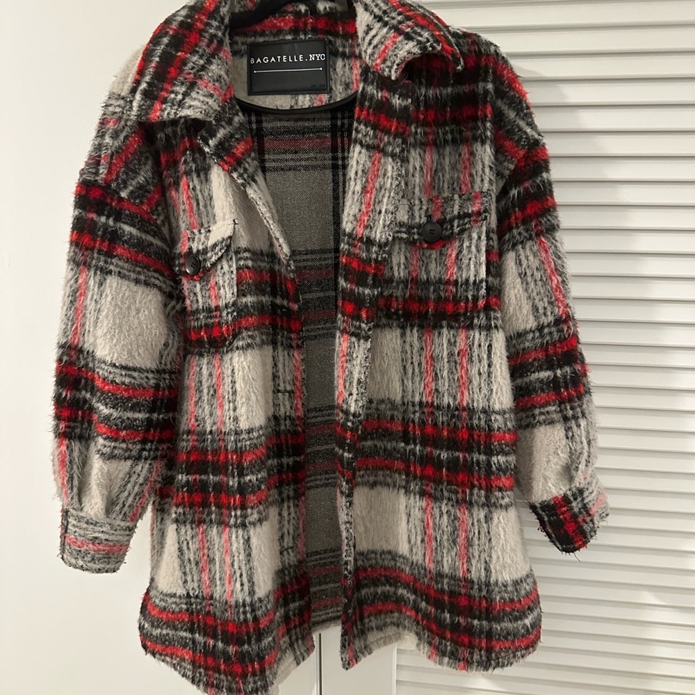 Bagatelle Red and Black Plaid Teddy Jacket
